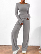 Sarah Express Women's Long Sleeve Top and Wide Leg Pants Set - Two Piece Outfit