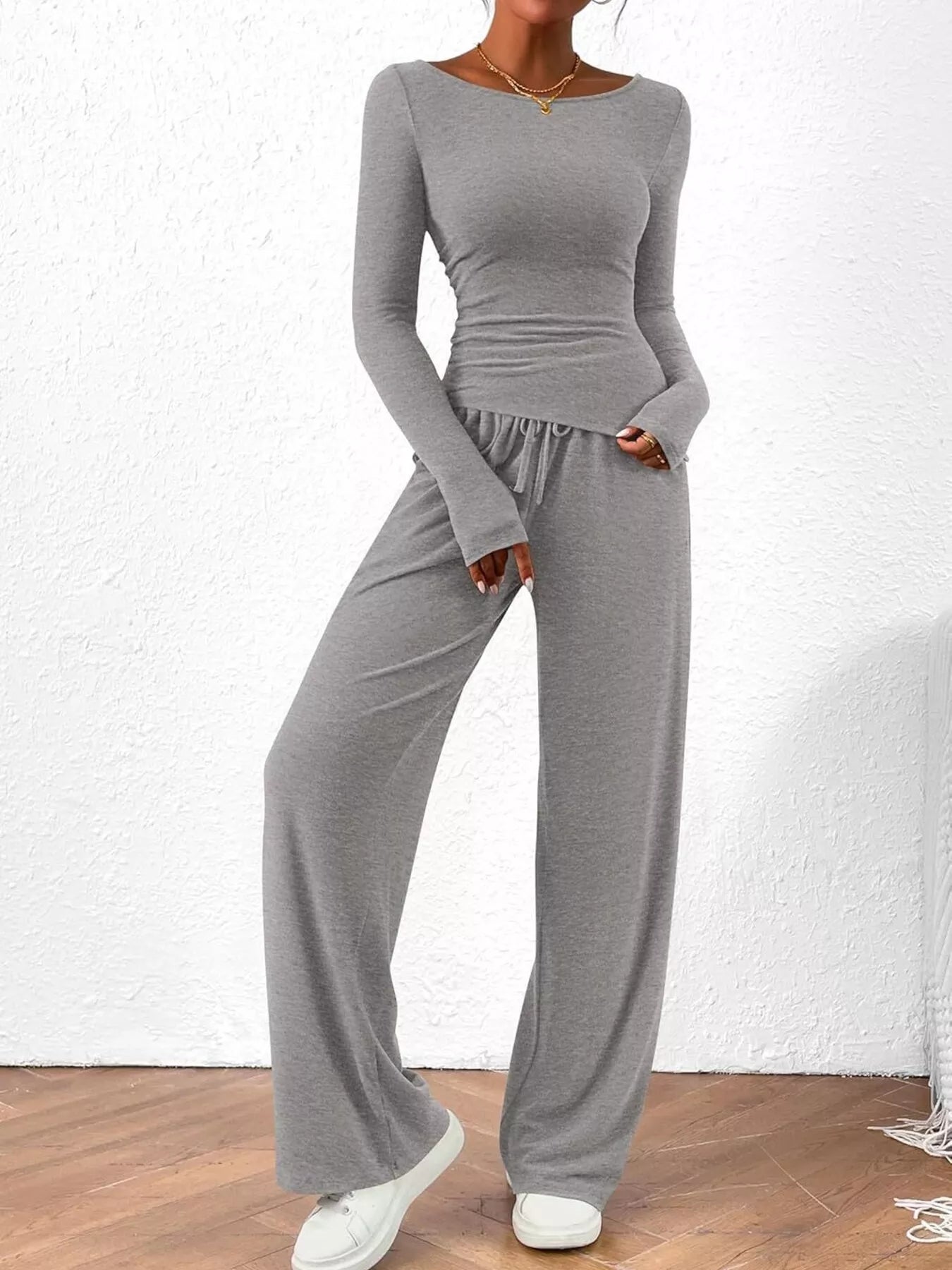 Sarah Express Women's Long Sleeve Top and Wide Leg Pants Set - Two Piece Outfit