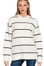 Sarah Express Women's White Black Stripe Sweater | Round Neck Oversized | Acrylic Blend | S-L