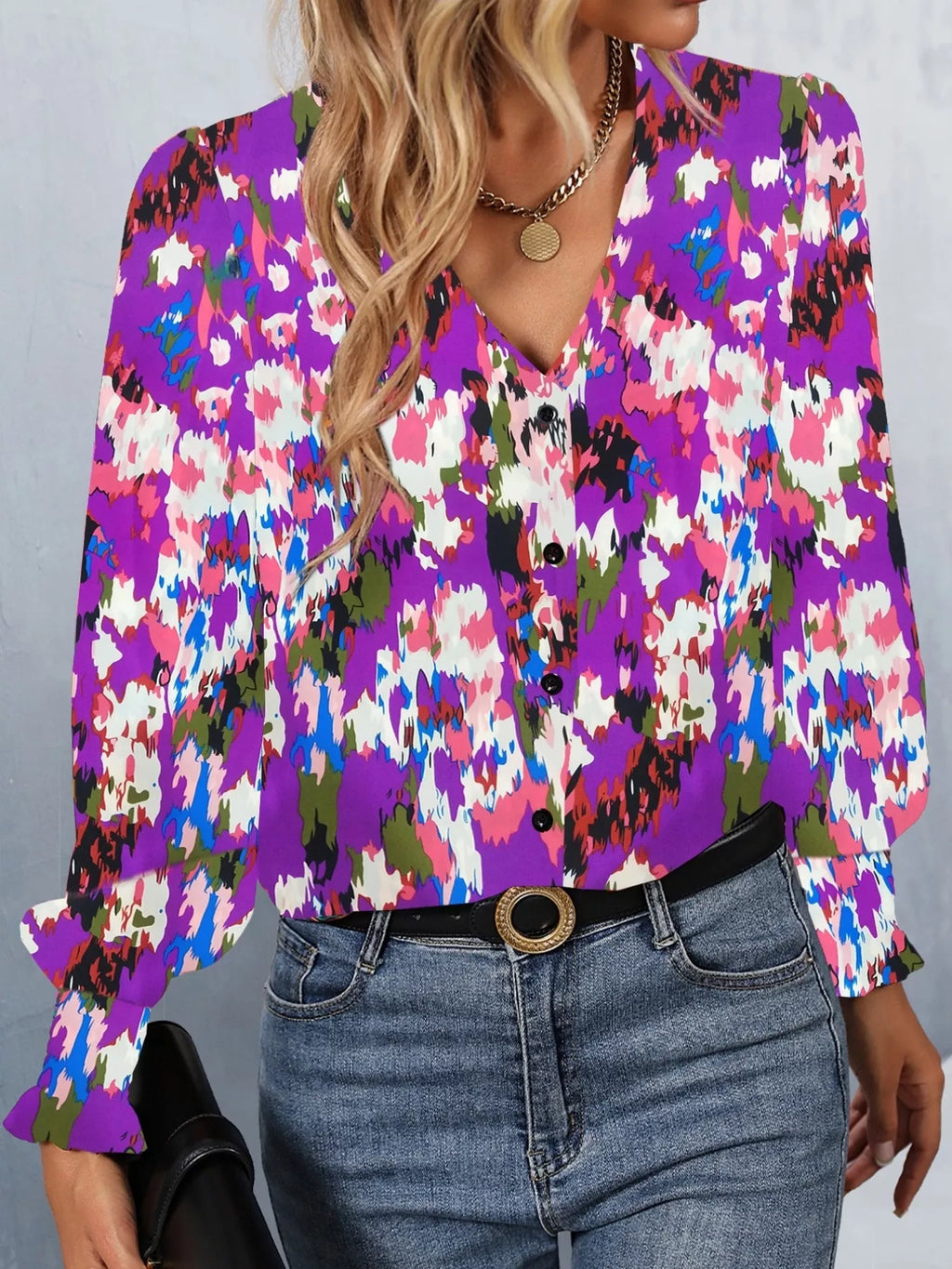 Sarah Express Women's Printed Button Up Long Sleeve Shirt