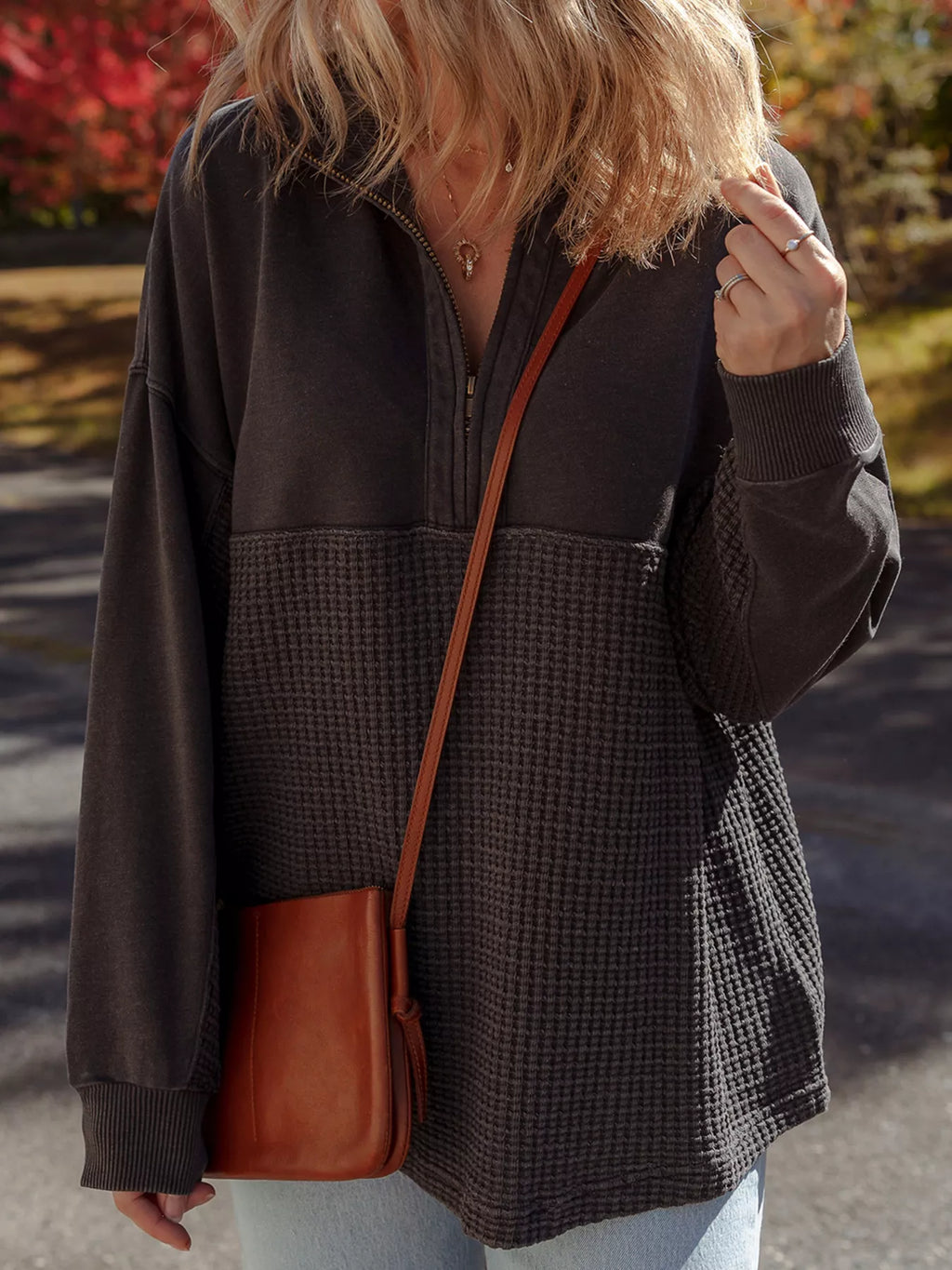 Sarah Express Women's Waffle Knit Patchwork Half Zip Casual Sweatshirt