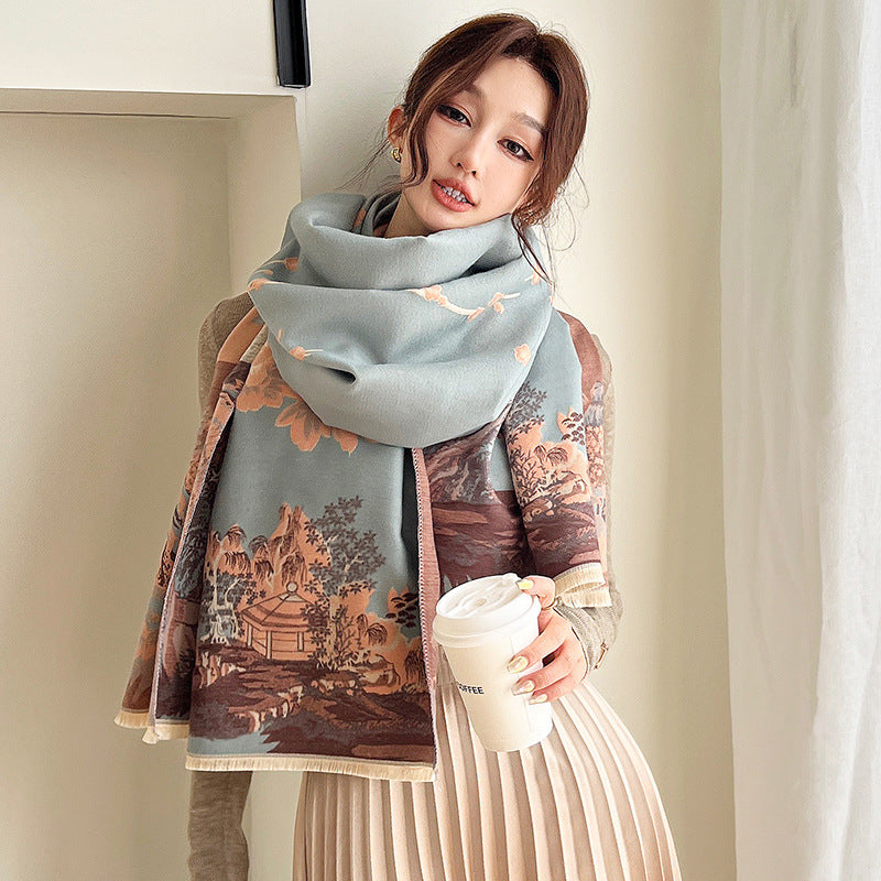 Vintage Plum Scarf Women's Imitation Cashmere Thickened Winter Shawl Wrap