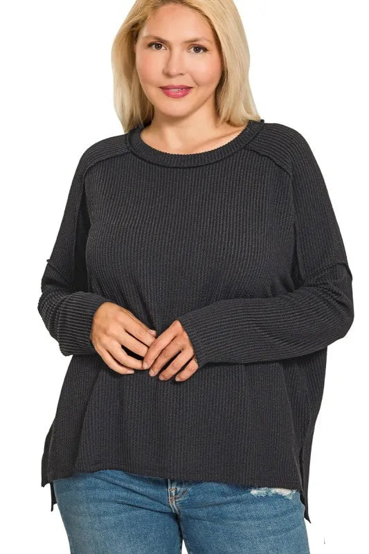 Sarah Express Women’s Plus Size Exposed Seam Corded Rib Knit Top
