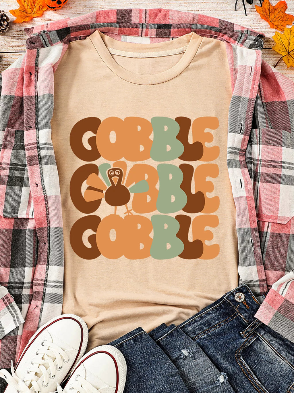 Sarah Express Women's GOBBLE Turkey Graphic Thanksgiving Round Neck Tee