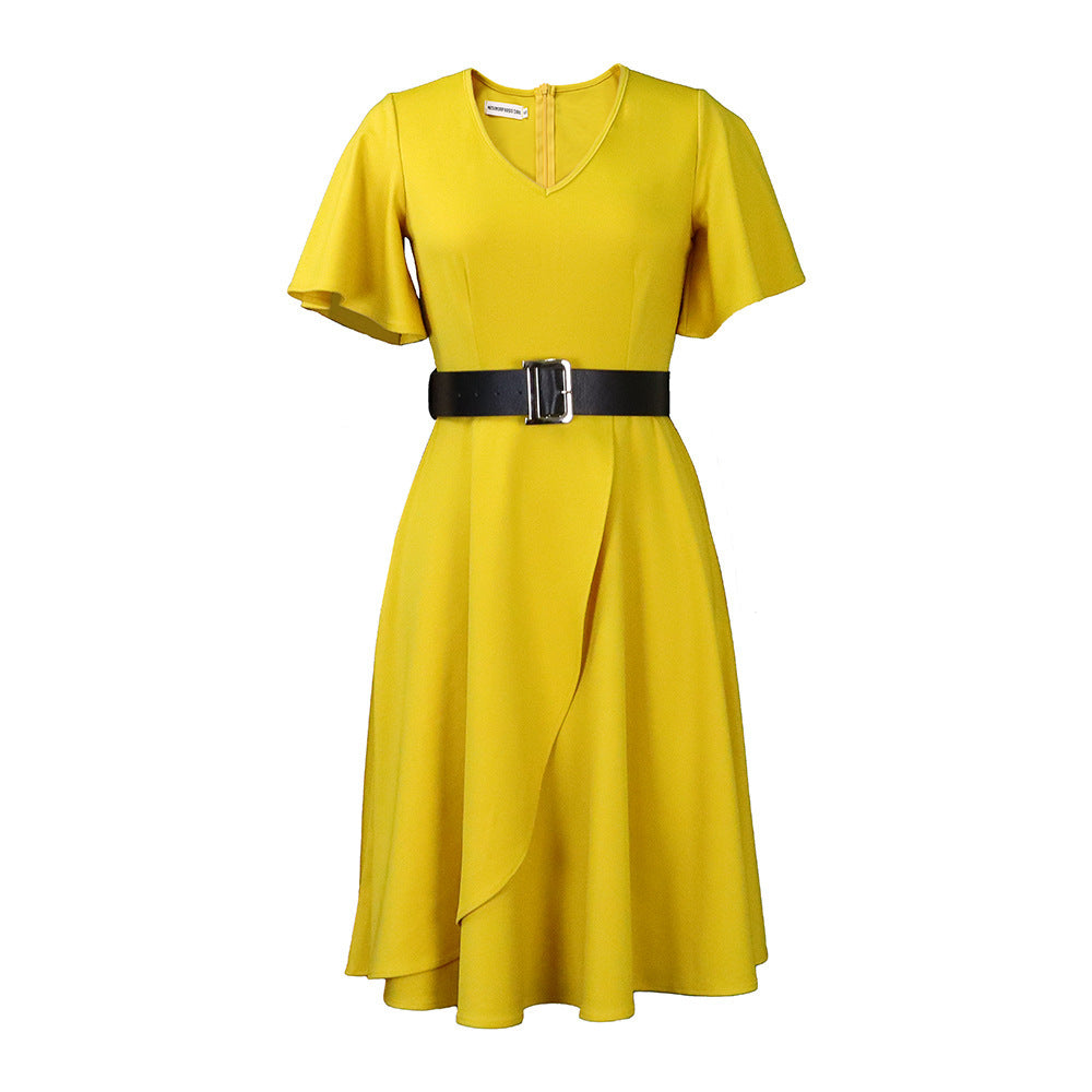 Women's Flared Sleeve Belted High Waist Mid-Length Dress Plus Size