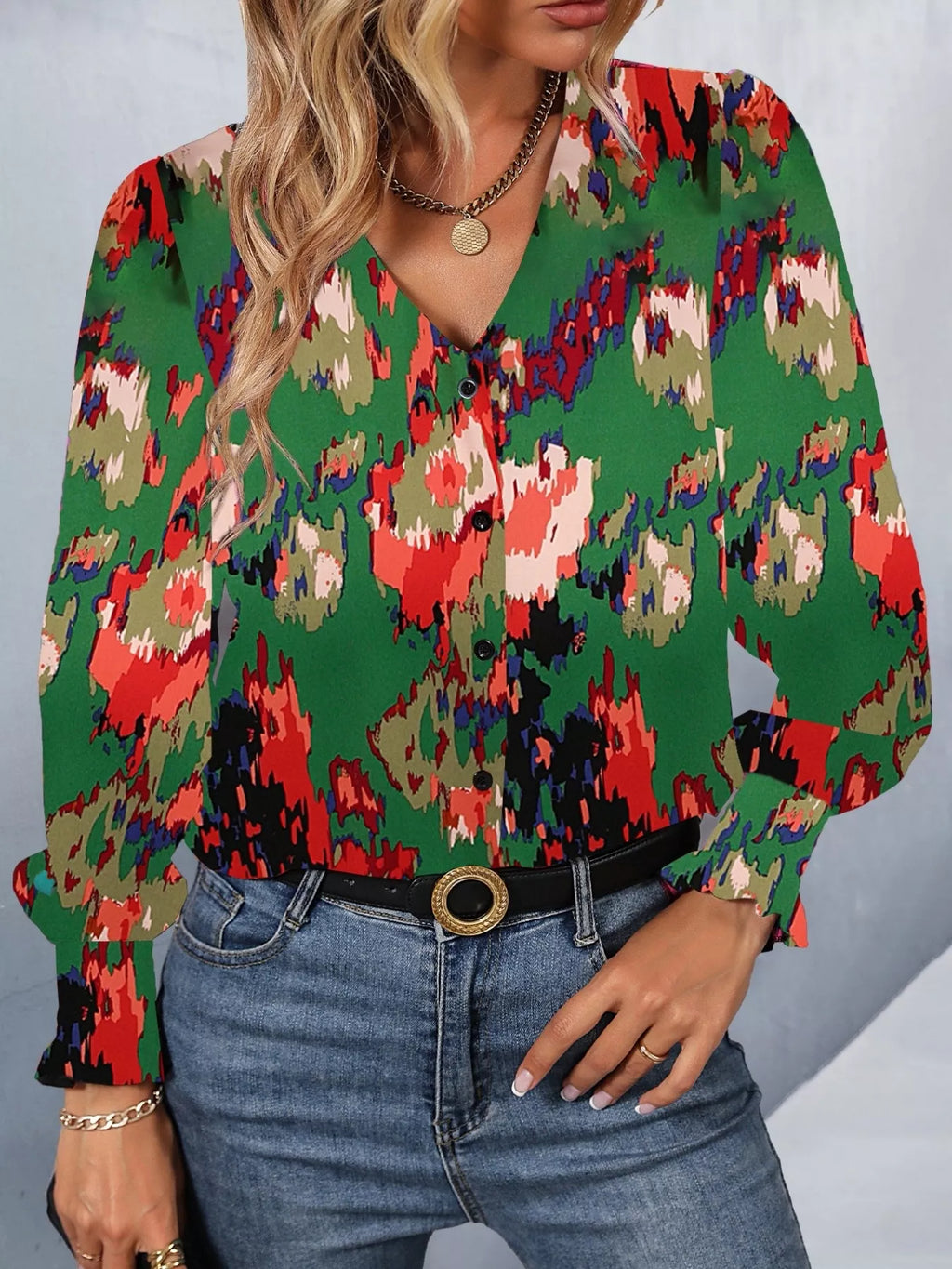 Sarah Express Women's Printed Button Up Long Sleeve Shirt