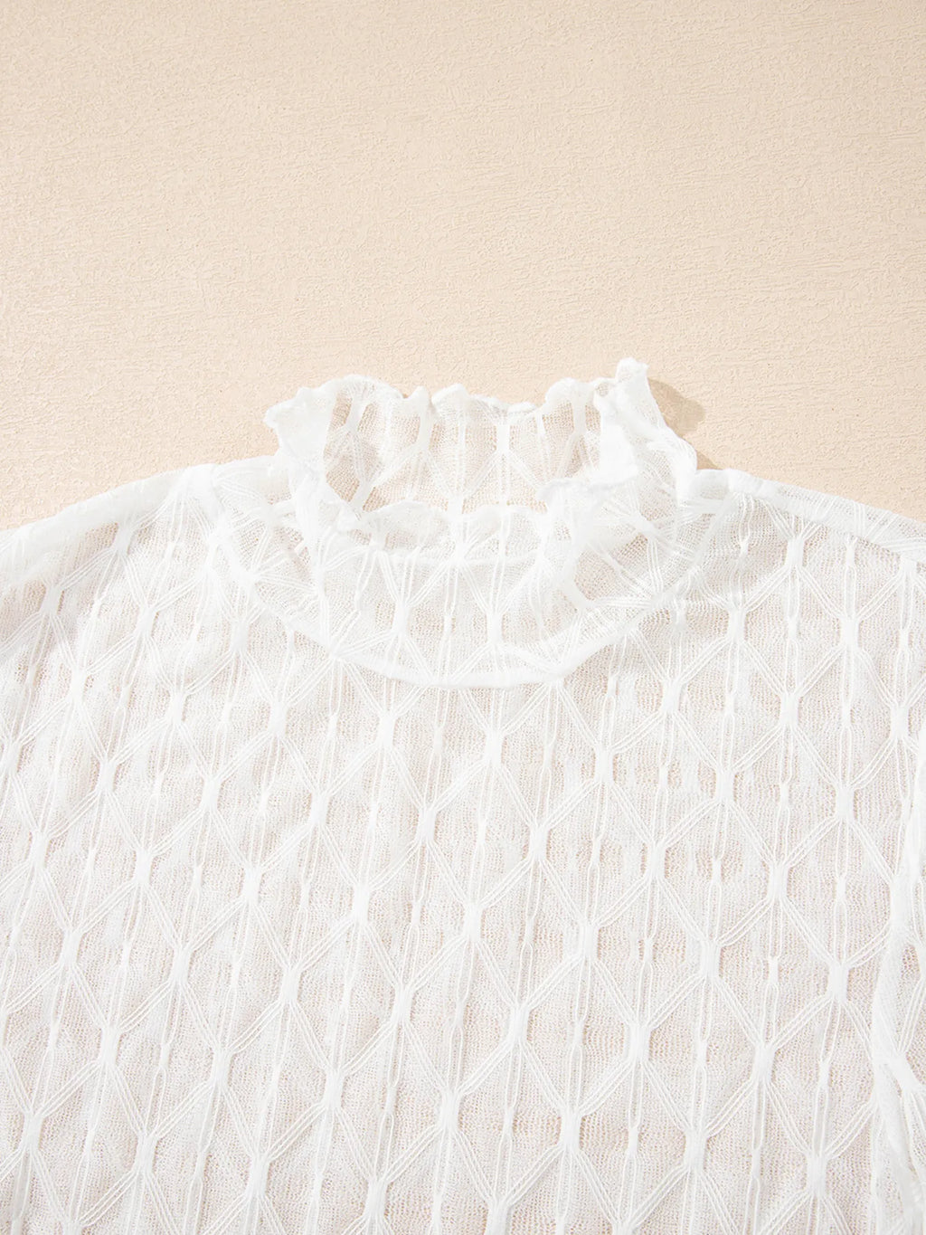 Sarah Express Women's Sheer Mesh Patterned Lettuce Trim Slim Long Sleeve Top