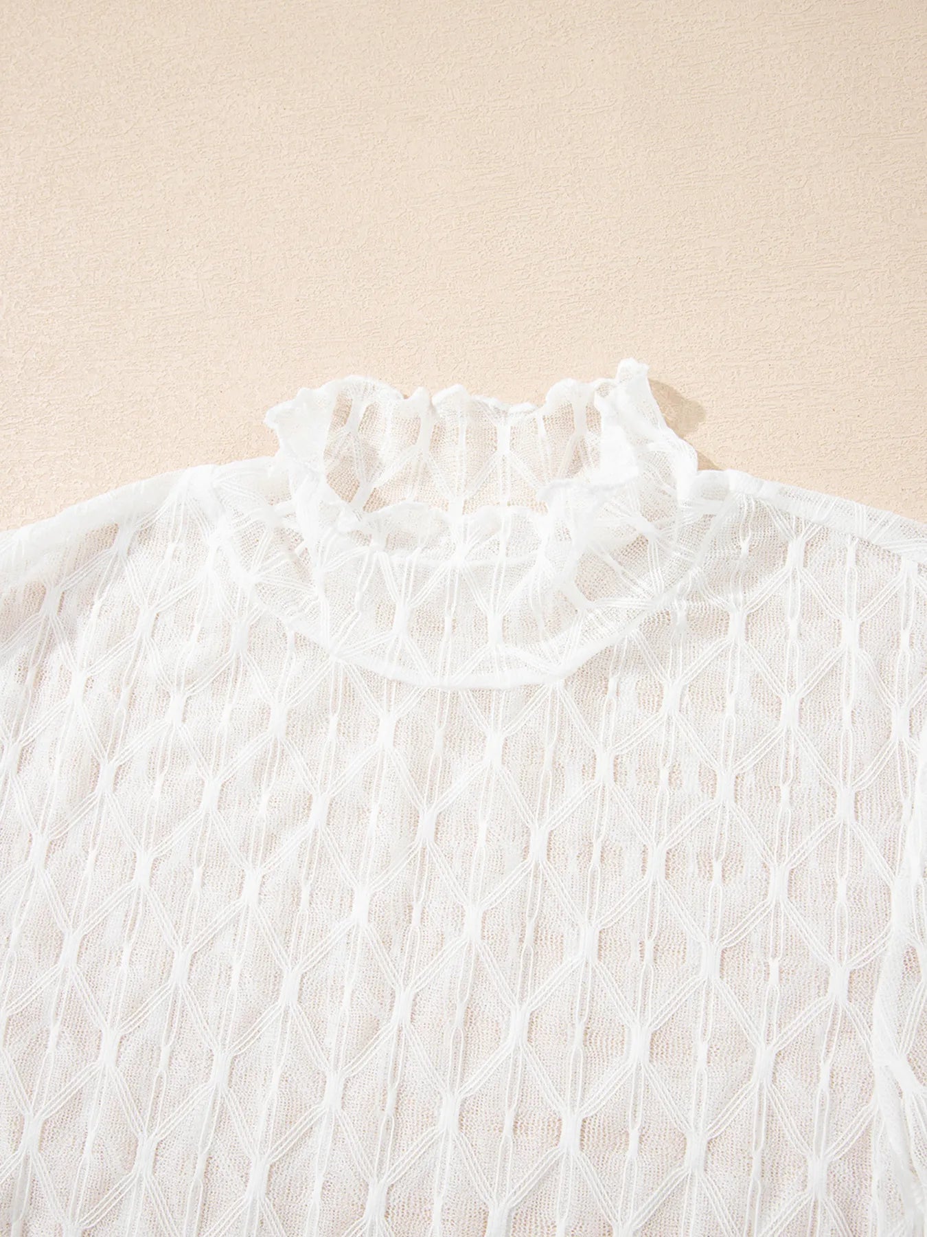 Sarah Express Women's Sheer Mesh Patterned Lettuce Trim Slim Long Sleeve Top