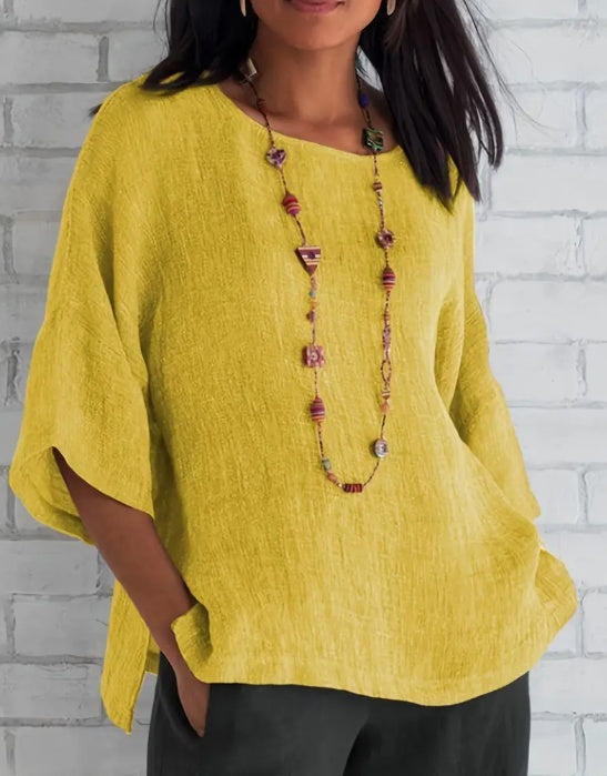 Women's Cotton Blend Round Neck Blouse 3/4 Sleeve Loose Fit Top