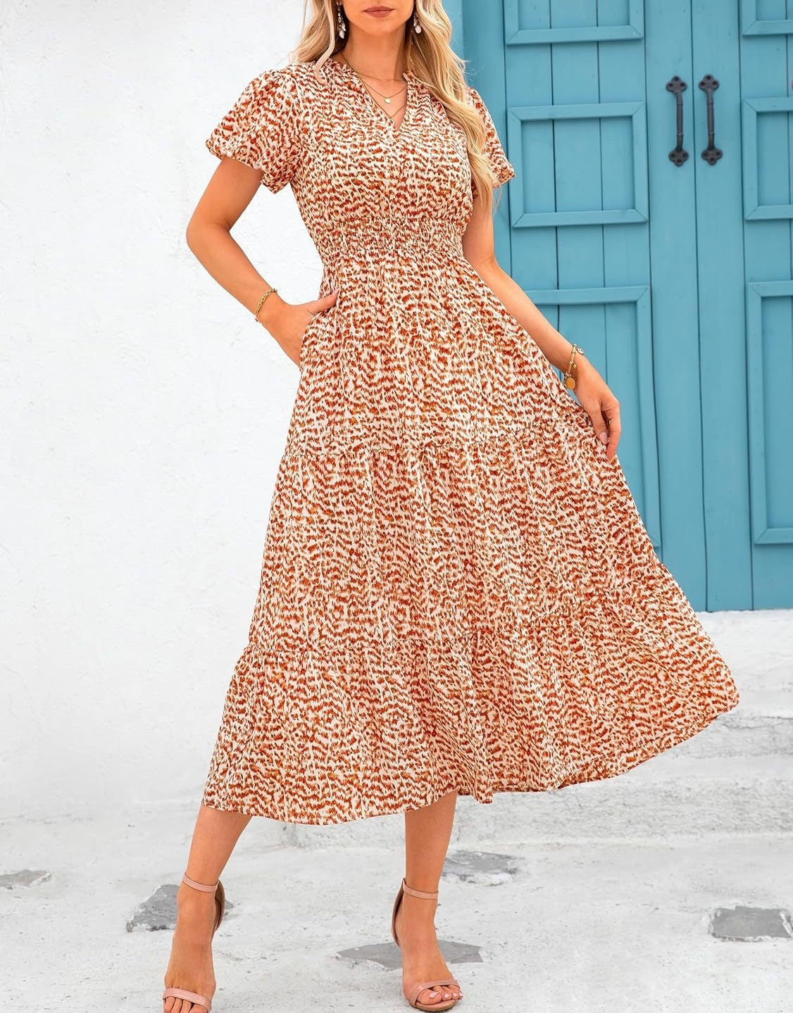 Floral V-Neck Bubble Pleated Maxi Dress Elastic Waist Short Sleeve