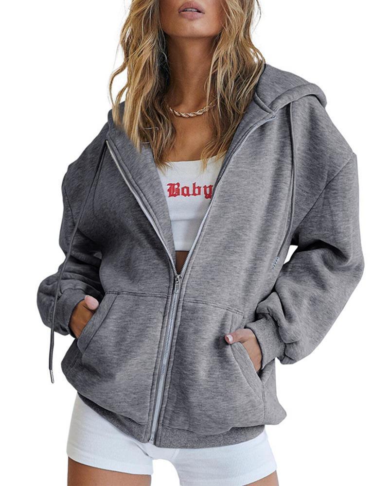 Women's Zip Up Hoodie Solid Color Drawstring Sweatshirt Casual Long Sleeve Fall Winter Top