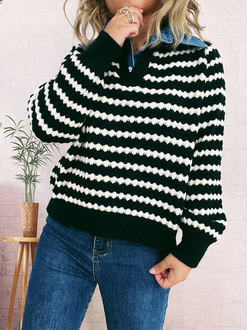 Sarah Express Women's Contrast Striped Sweater with Denim Collar - Openwork Knit Pullover