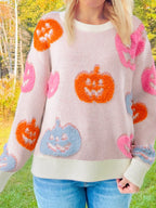 Sarah Express Women's Halloween Cute Pumpkin Pattern Sweater - Dusty Pink Dusty Pink