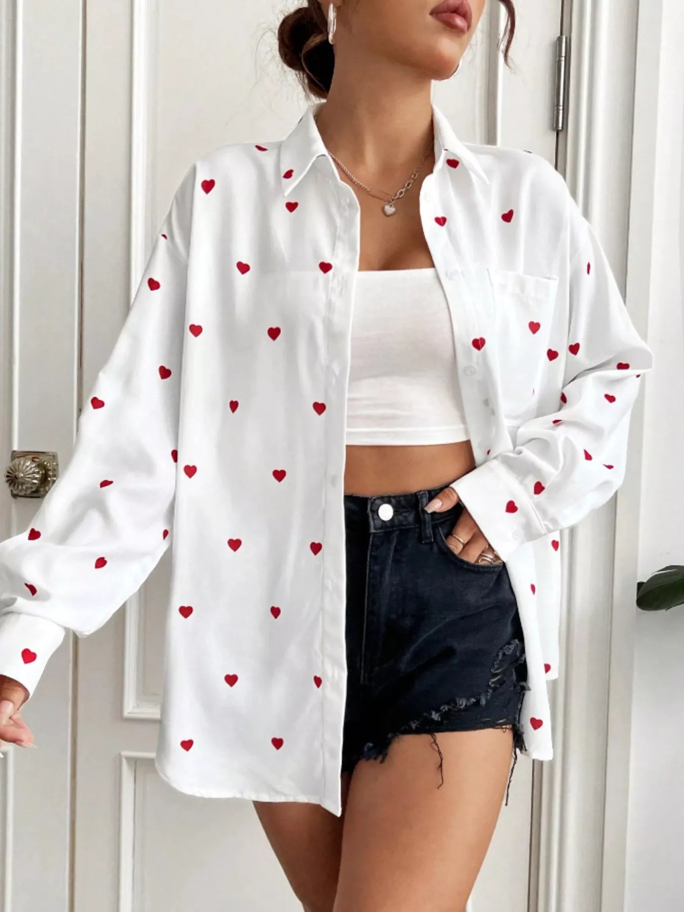 Sarah Express Women's Heart Button Up Oversized Shirt White