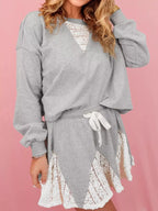 Sarah Express Women's Lace Patchwork Drop Shoulder Top and Drawstring Skort 2pcs Outfit Light Gray