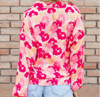 Women's Floral Print Puff Sleeve Button-Down Shirt Polyester Pink