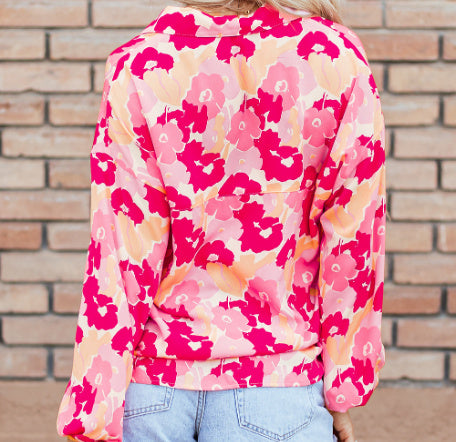 Women's Floral Print Puff Sleeve Button-Down Shirt Polyester Pink