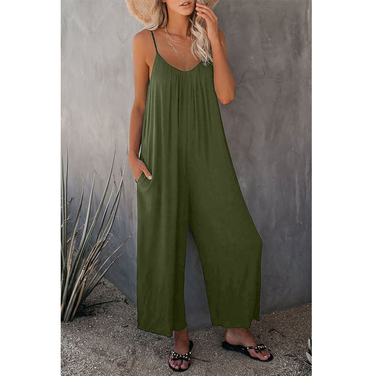 Women's Sleeveless Jumpsuit with Pockets - Casual Loose Fit Romper