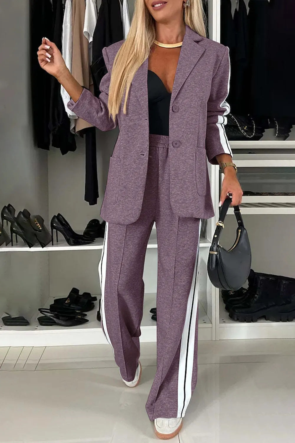 Sarah Express Women's Two-Piece Contrast Lapel Top and Pants Set Buttoned Pocketed Work Casual Outfit Mauve