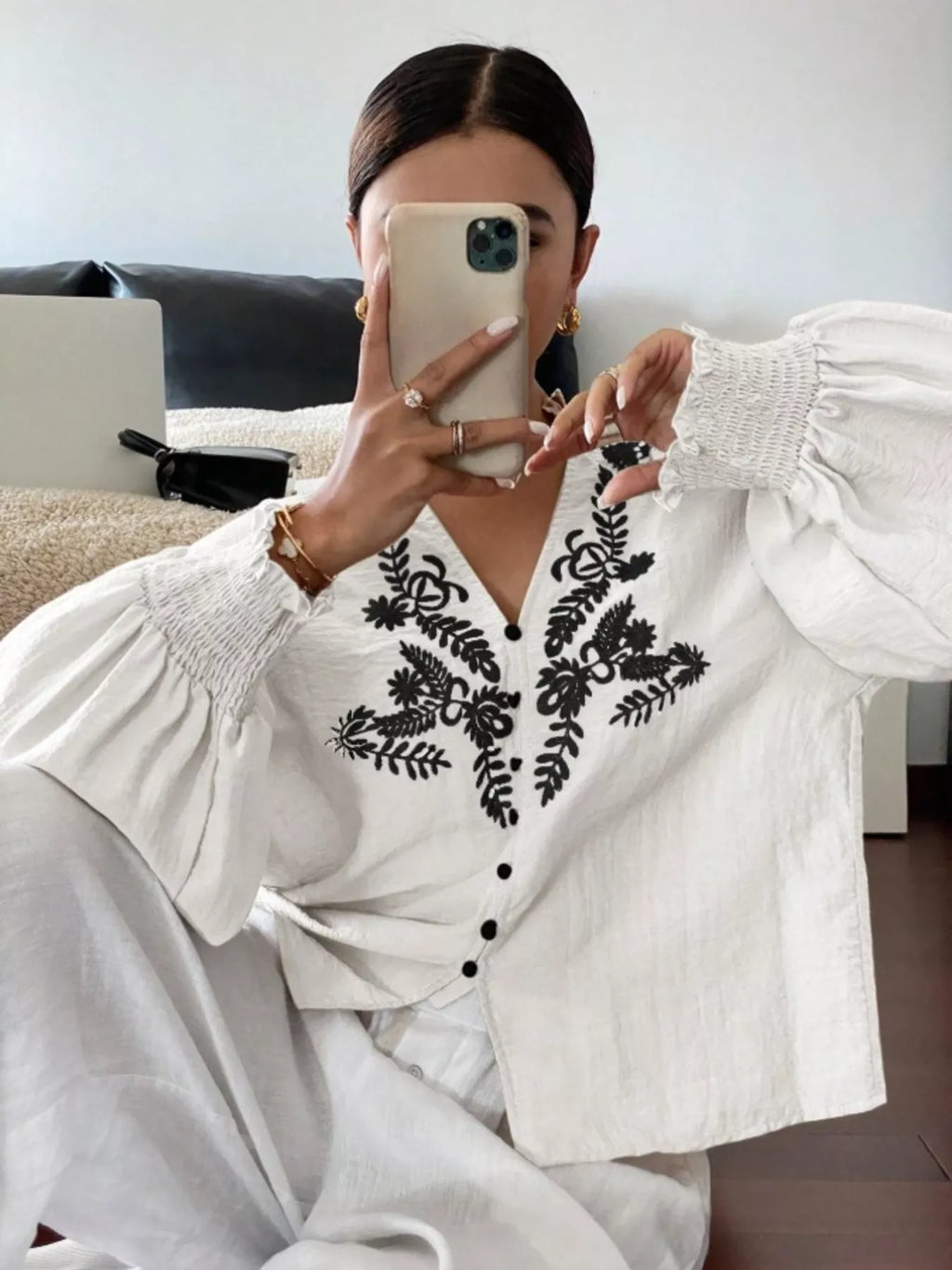 Sarah Express Women's Embroidered Long Sleeve Blouse