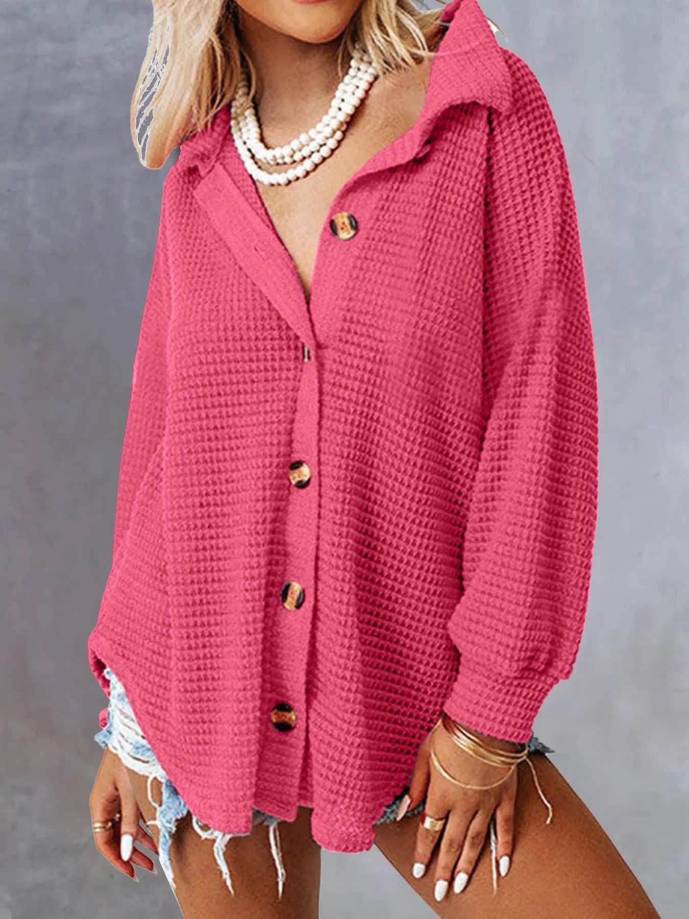 Sarah Express Women's Waffle Knit Button-Down Shirt Rose Red