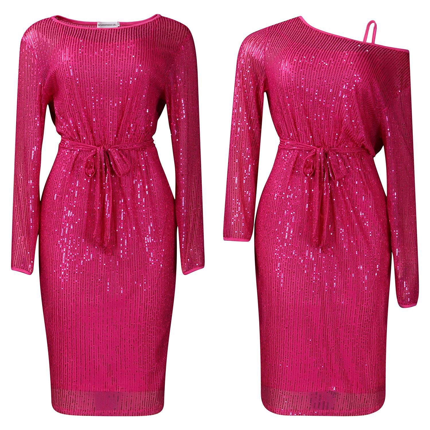 Women's Diagonal Collar Sequined Evening Dress Two-Piece Set