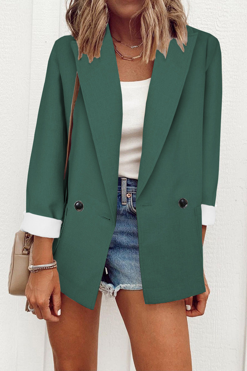 Women's Double-Breasted Blazer Loose Fit Suit Collar Long Sleeve Jacket
