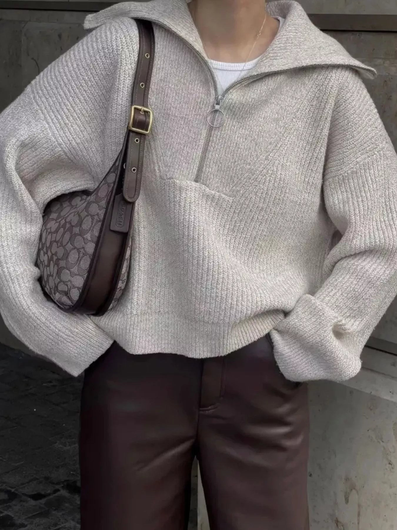 Sarah Express Women's Half Zip Dropped Shoulder Sweater Gold One Size