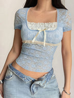 Sarah Express Women's Lace Short Sleeve T-Shirt with Bow Detail