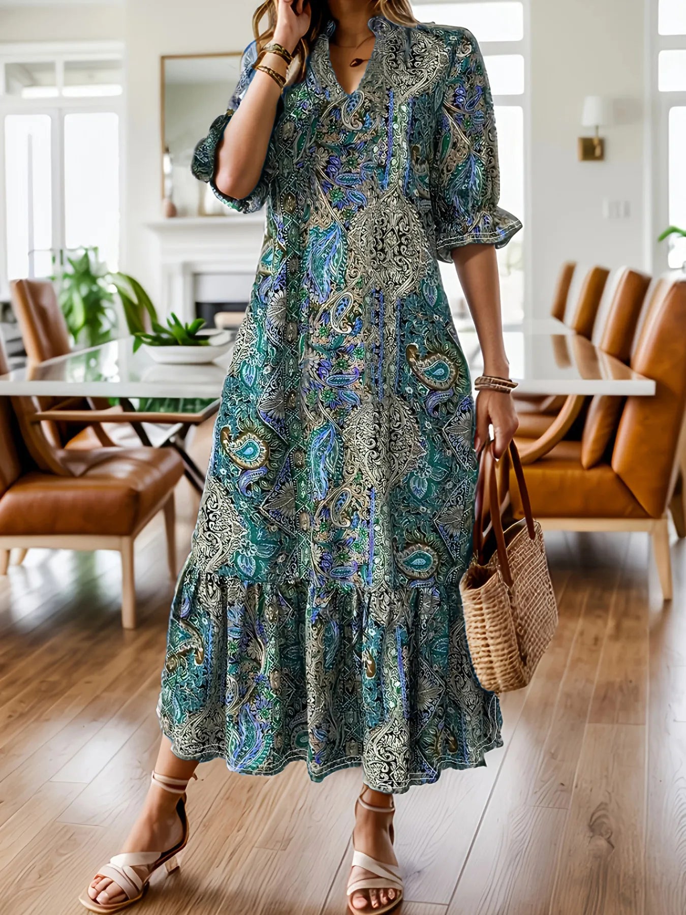 Sarah Express Women's Bohemian Paisley Print Ruffle Hem Midi Dress - Plus Size Summer Vacation Dress
