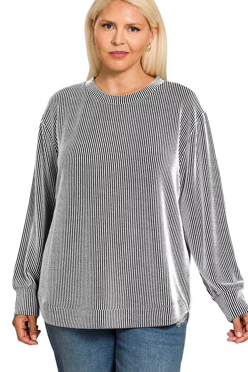 Full Size Raised Rib Round Neck Long Sleeve Top Plus Size