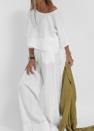 Cotton Linen Two-Piece Pants Suit Cropped Sleeve Wide Leg Casual Set