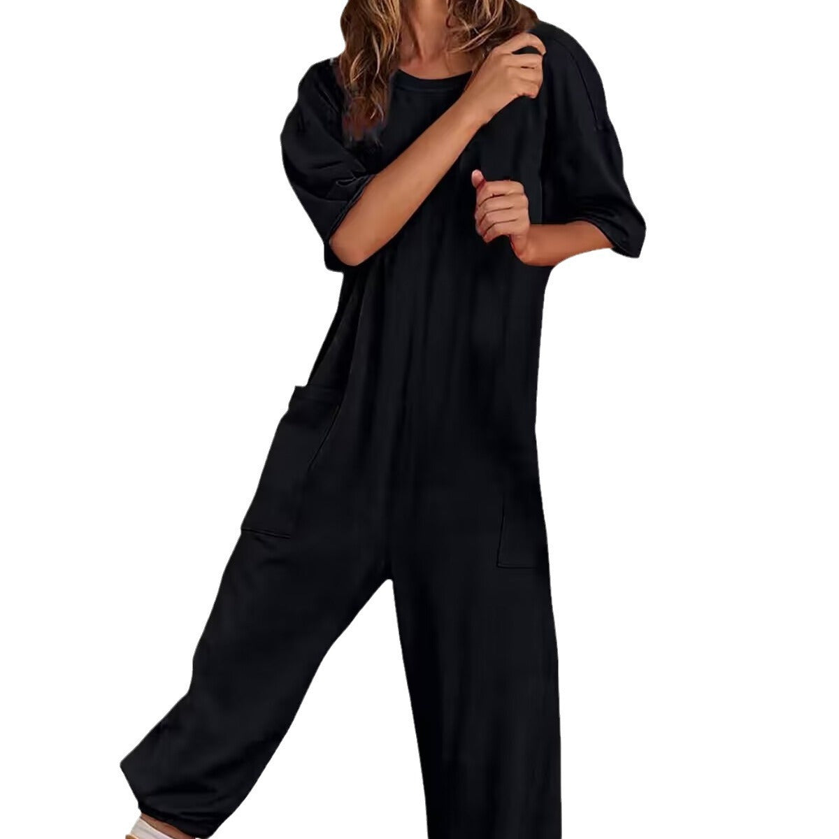 Women's V-Neck Jumpsuit Stretch Polyester with Pockets Casual Spring Summer One-Piece