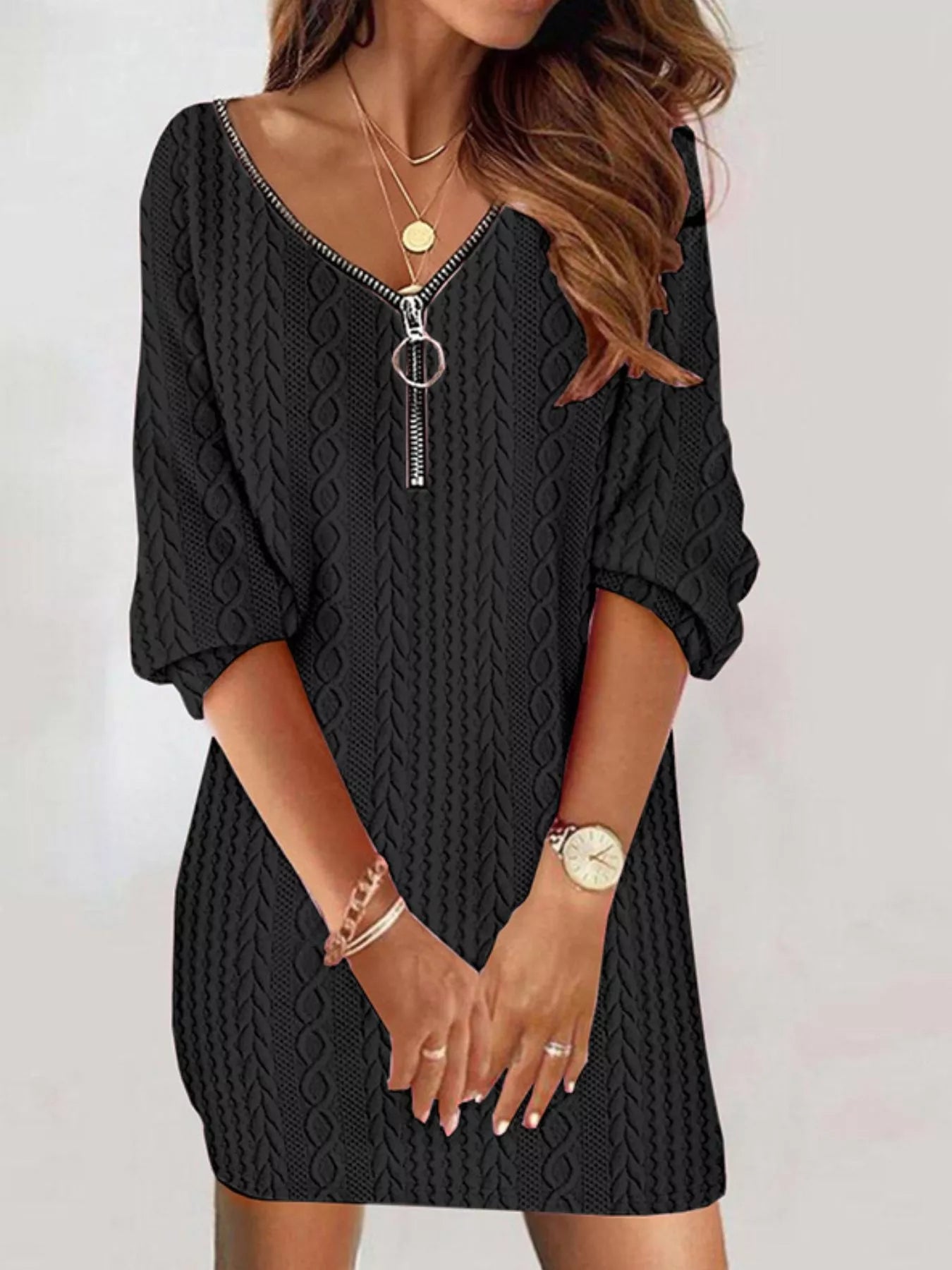 Sarah Express Women's Zip Detail Textured Cable Knit Mini Sweater Dress Black