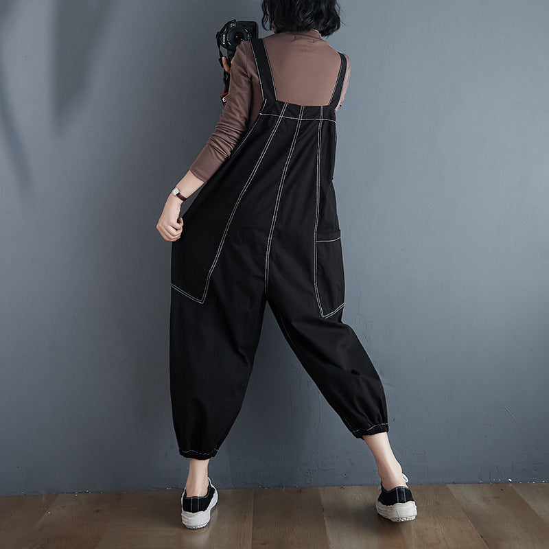 Women's Loose Fit Cotton Overalls Plus Size Relaxed Jumpsuit Korean Style Casual Pants