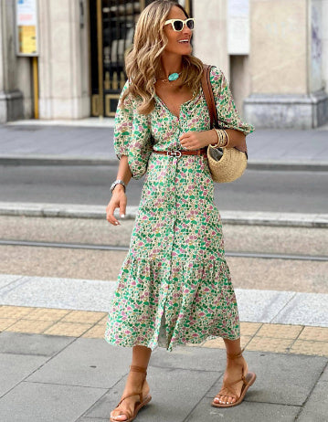 Floral V-Neck Puff Sleeve Maxi Dress A-Line
