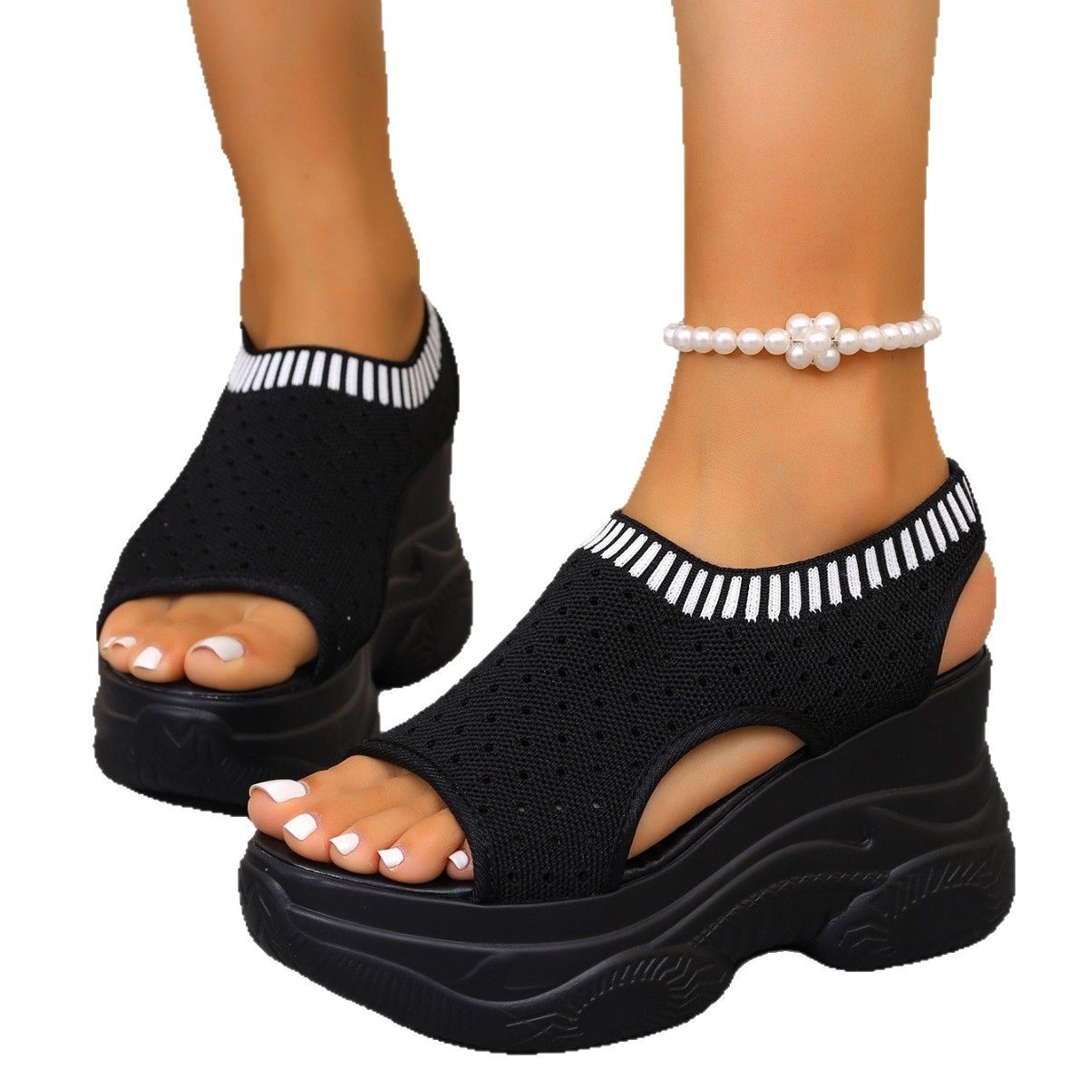 Sarah Express Women's Slip-On Flyknit Sporty Sandals | Thick-Soled Peep-Toe Mesh Sneaker Sandals