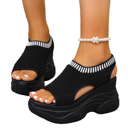 Sarah Express Women's Slip-On Flyknit Sporty Sandals | Thick-Soled Peep-Toe Mesh Sneaker Sandals