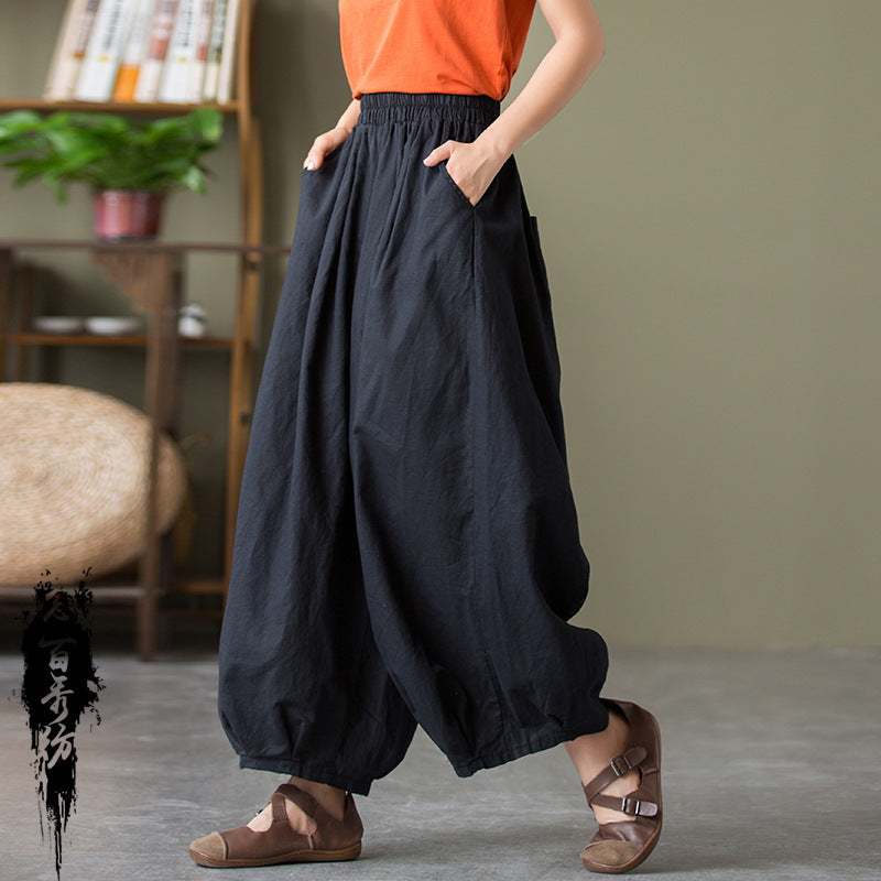 Women's Sand Washed Cotton Linen Bloomers Mid Waist Cropped Loose Pants