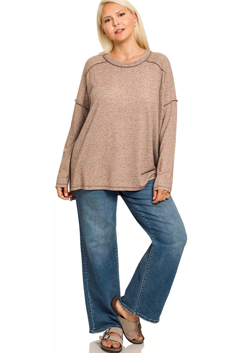 Sarah Express Women’s Plus Size Melange Hacci Tee with Exposed Seam Hi-Low Hem
