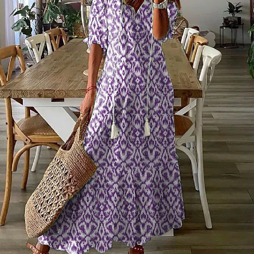 Women's Floral Print V-Neck Maxi Dress Short Sleeve A-Line Pullover