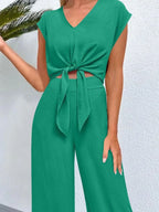 Sarah Express Women's Tie Front Top and Wide Leg Pants Set