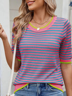 Sarah Express Women's Striped Casual T-Shirt with Contrast Trim