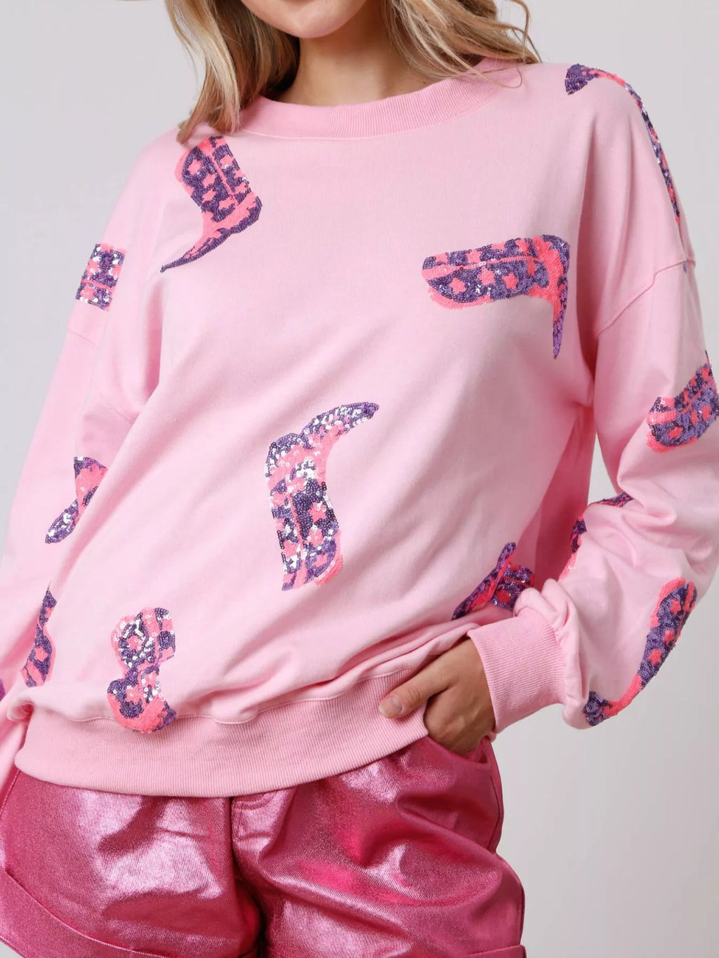 Sarah Express Women's Sequin Boot Crewneck Sweatshirt