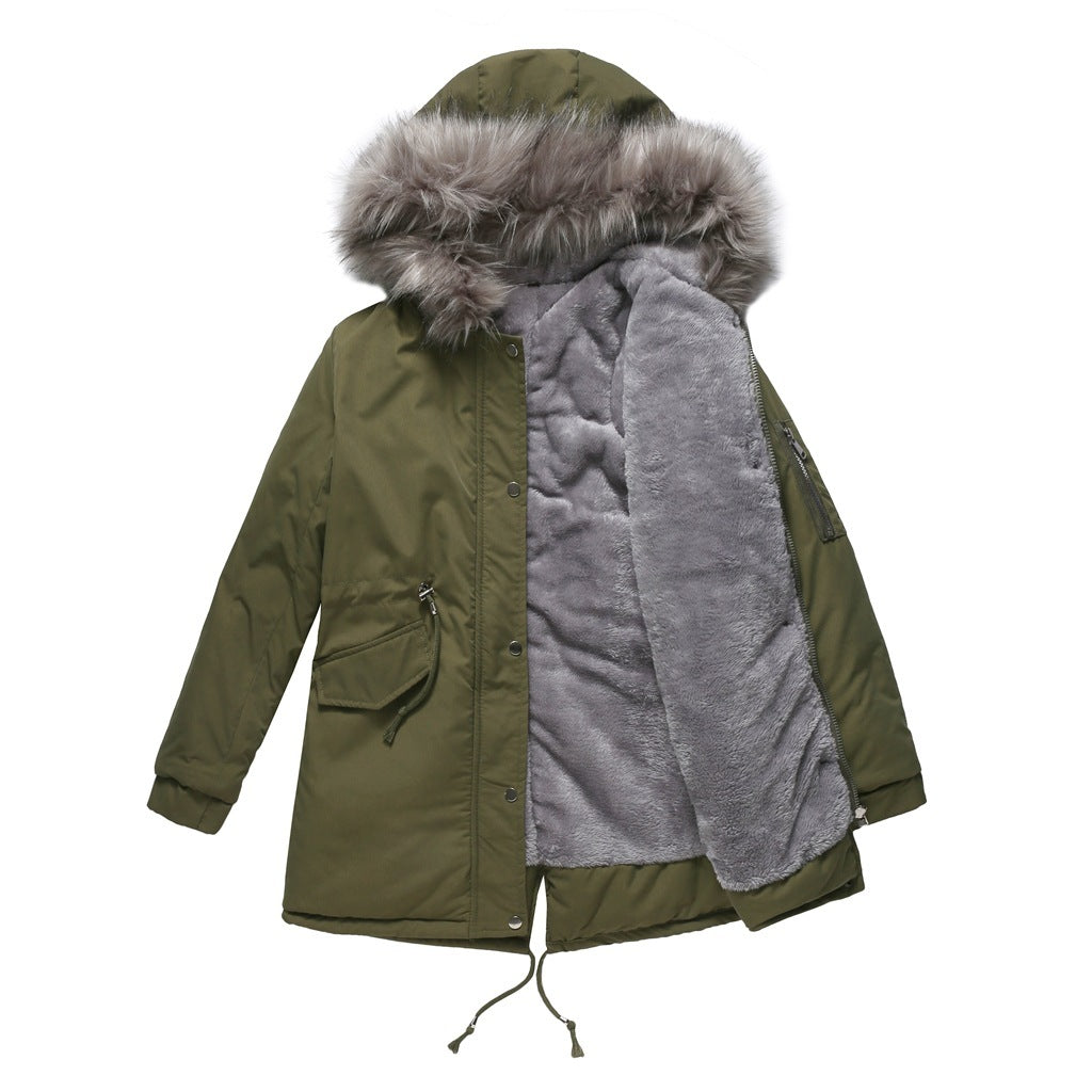 Women's Mid-Length Cotton Padded Hooded Parka Coat Loose Fit Winter Jacket