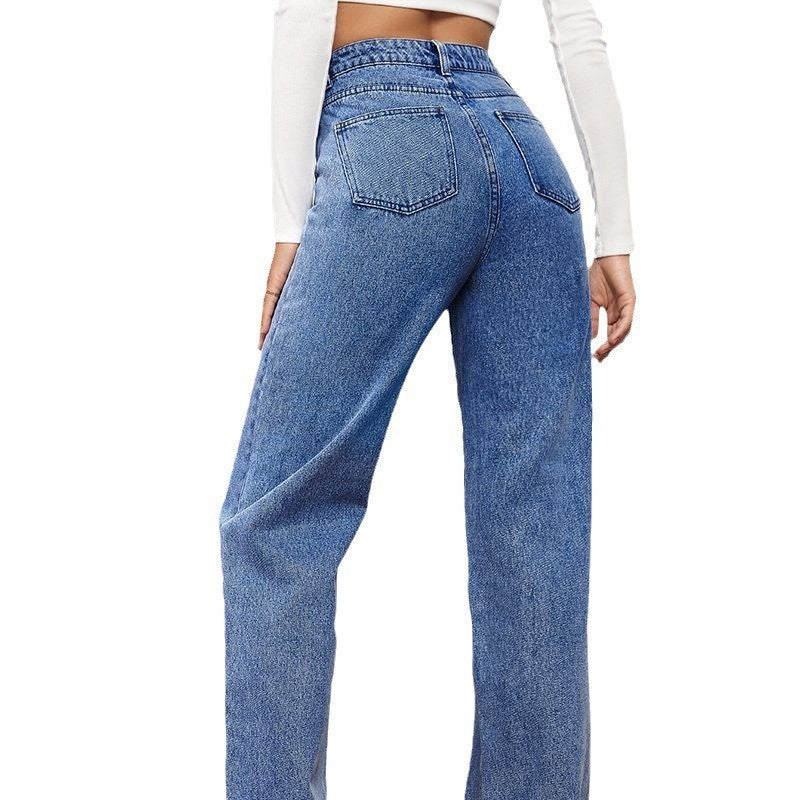 Women's Mid-Waist Straight Leg Jeans - Washed Cotton Denim S-5XL Available in 9 Colors