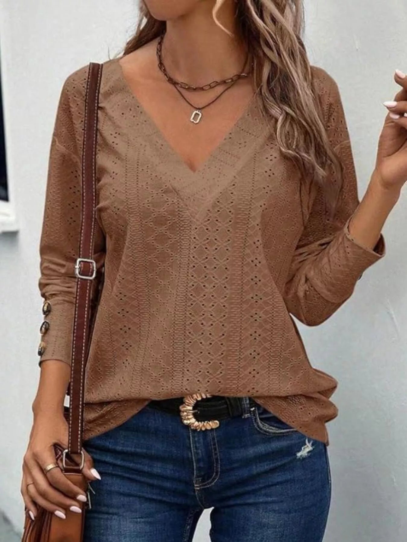 Sarah Express Women's Eyelet V-Neck Long Sleeve Blouse Coffee