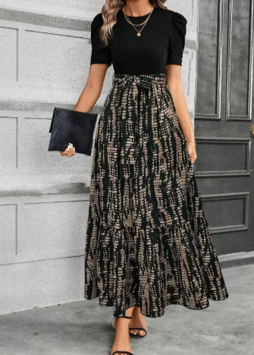 Women's Floral Print Maxi Dress Round Neck Short Sleeve A-Line Vacation