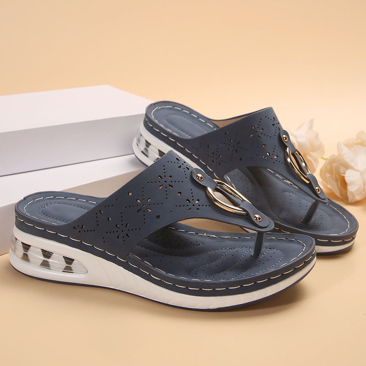 Sarah Express Women's Air Cushion Wedge Thong Sandals | Metal Buckle Flip Flops | Thick Sole Beach Shoes Dark Blue