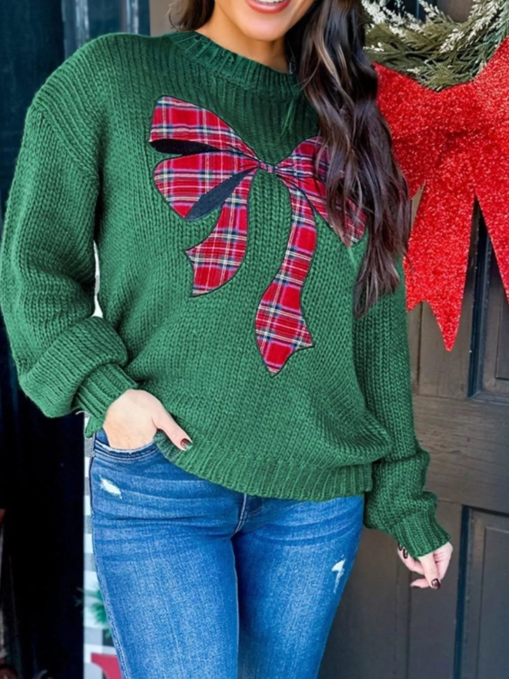 Sarah Express Women's Plaid Bow Graphic Christmas Sweater